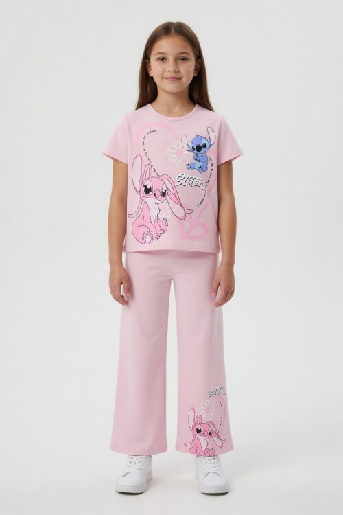 Pudra Kalpli Karakter Baskılı Geniş Paça Pantolonlu Kız Çocuk 2li Takım 23810