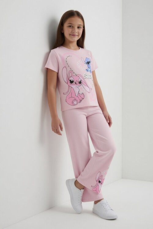 Pudra Kalpli Karakter Baskılı Geniş Paça Pantolonlu Kız Çocuk 2li Takım 23810