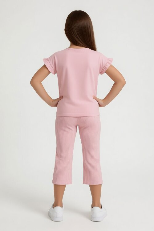 Pudra Karakter Baskılı Tişörtlü Fitilli Pantolonlu Kız Çocuk 2li Takım 23832