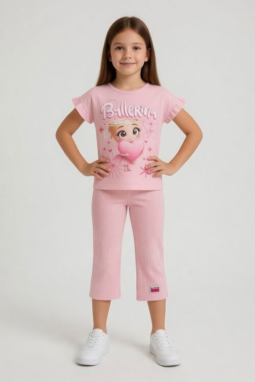 Pudra Karakter Baskılı Tişörtlü Fitilli Pantolonlu Kız Çocuk 2li Takım 23832