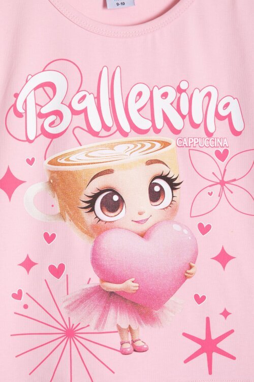 Pudra Karakter Baskılı Tişörtlü Fitilli Pantolonlu Kız Çocuk 2li Takım 23832