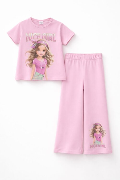 Pudra Kız Karakter Baskılı Geniş Paça Pantolonlu 2li Kız Çocuk Takım 23803