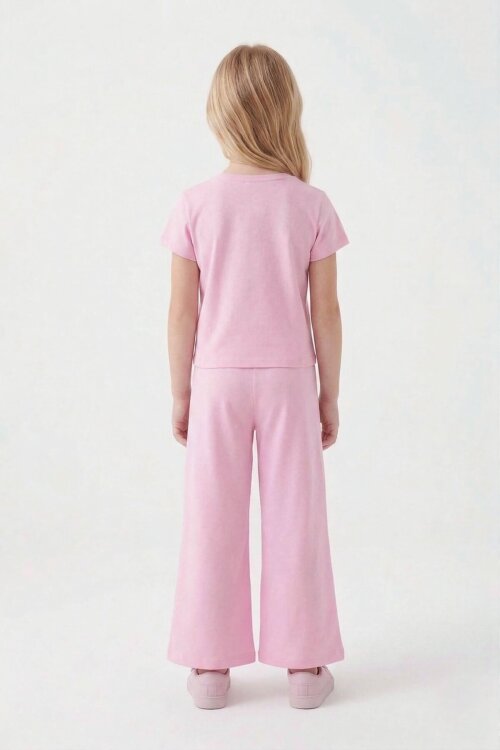 Pudra Kız Karakter Baskılı Geniş Paça Pantolonlu 2li Kız Çocuk Takım 23803