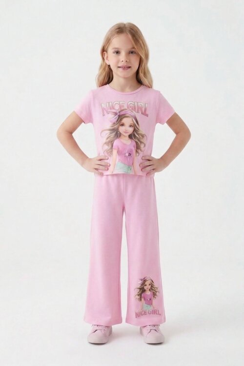 Pudra Kız Karakter Baskılı Geniş Paça Pantolonlu 2li Kız Çocuk Takım 23803