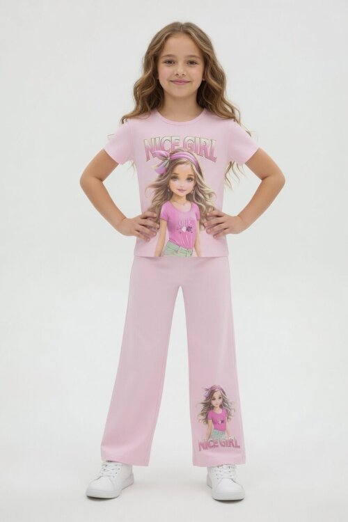 Pudra Kız Karakter Baskılı Geniş Paça Pantolonlu 2li Kız Çocuk Takım 23803