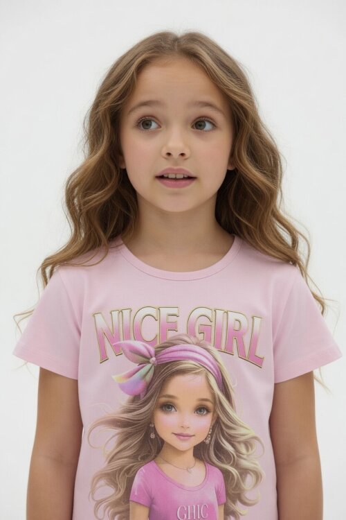 Pudra Kız Karakter Baskılı Geniş Paça Pantolonlu 2li Kız Çocuk Takım 23803