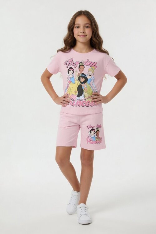 Pudra Prenses Temalı Tişörtlü Kız Çocuk Yazlık Şortlu Takım 23902