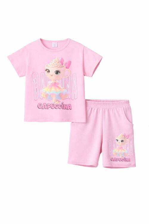 Pudra Sevimli Capuccina Baskılı Kız Çocuk Şortlu 2li Takım 23892