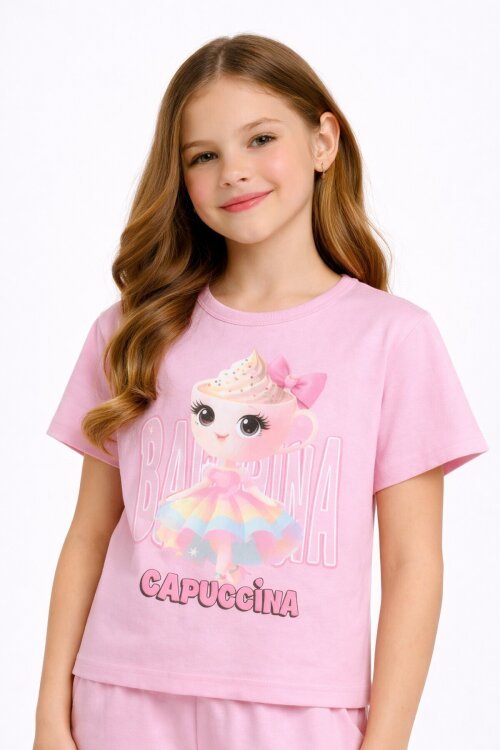 Pudra Sevimli Capuccina Baskılı Kız Çocuk Şortlu 2li Takım 23892