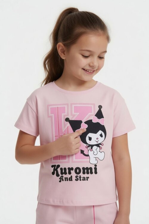 Pudra Sevimli Tavşan Baskı Bisiklet Yaka Kız Çocuk Şortlu Takım 23948