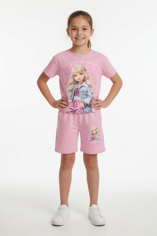 Pudra Sweet Yazılı Karakter Baskılı Kız Çocuk Şortlu 2li Takım 23996