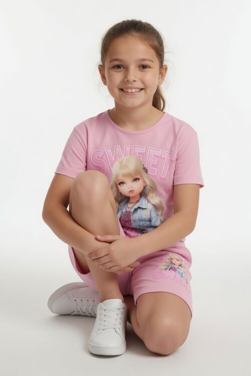 Pudra Sweet Yazılı Karakter Baskılı Kız Çocuk Şortlu 2li Takım 23996