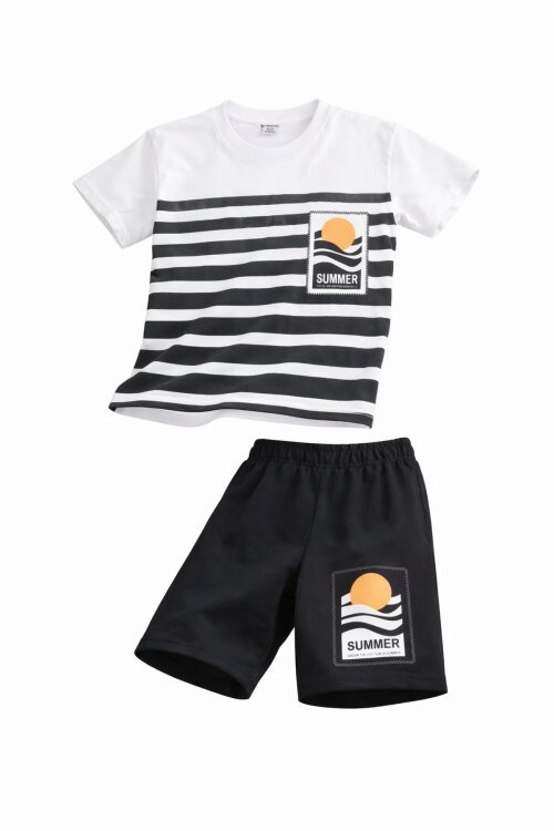Siyah Çizgi Desenli Summer Baskı Erkek Çocuk Şortlu Tişörtlü Takım 23783