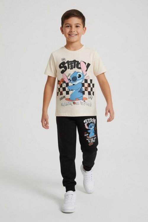 Siyah Çizgi Karakter Baskılı Tişörtlü Erkek Çocuk Eşofman Takımı 23871