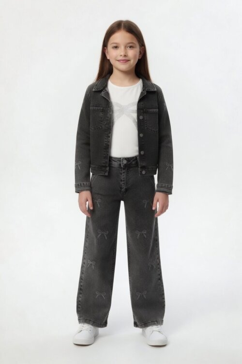 Siyah Fiyonk Desenli Jean Ceketli Pantolonlu Kız Çocuk Badili 3lü Takım 24130