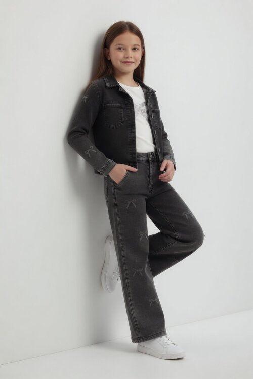 Siyah Fiyonk Desenli Jean Ceketli Pantolonlu Kız Çocuk Badili 3lü Takım 24130