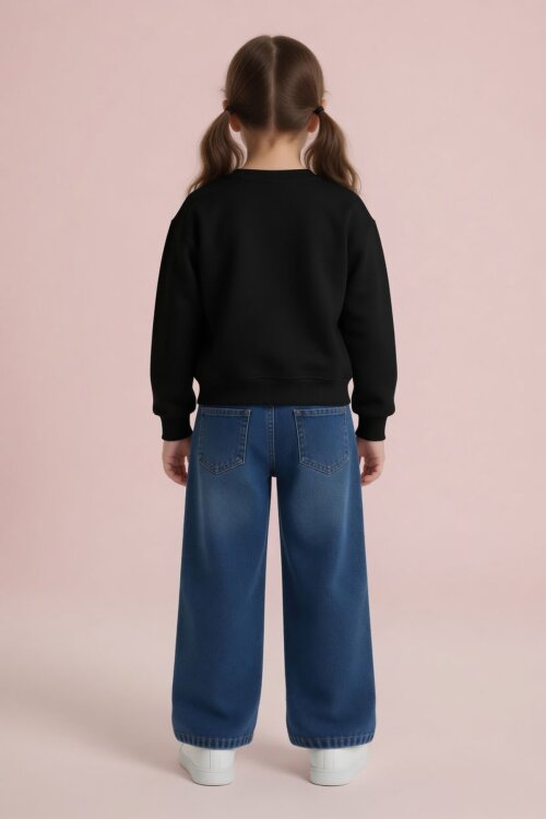 Siyah Fiyonk Nakışlı Sweatshirt Jean Pantolon Kız Çocuk Takım 24528