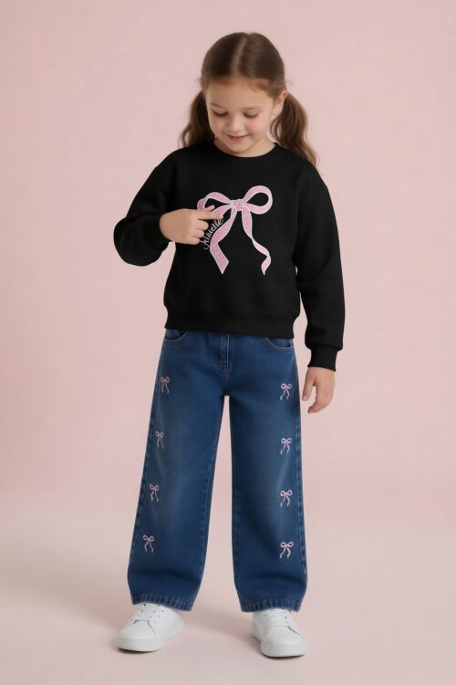 Siyah Fiyonk Nakışlı Sweatshirt Jean Pantolon Kız Çocuk Takım 24528