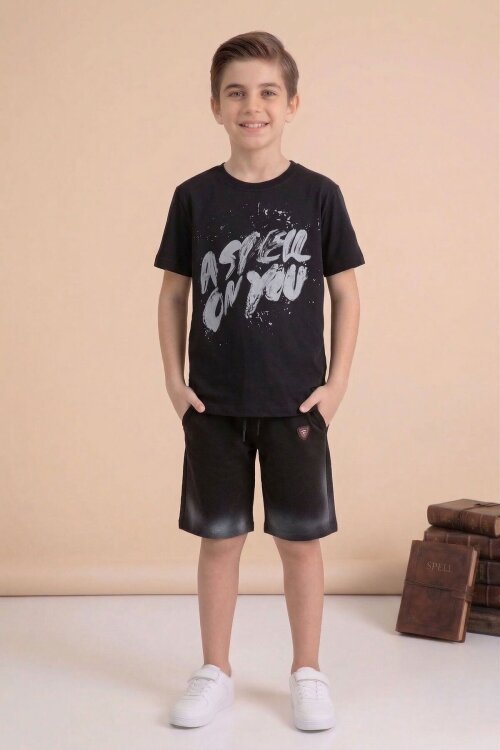 Siyah Grafiti Baskılı Tişörtlü Şortlu Erkek Çocuk 2li Takım  23772