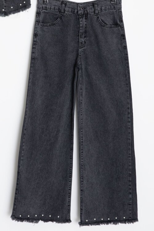 Siyah İnci Detaylı Geniş Paça Pantolonlu Jean Yelekli Kız Çocuk 3lü Takım 24071