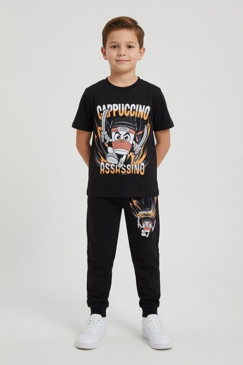 Siyah Karakter Baskılı Bisiklet Yaka Tişörtlü Erkek Çocuk Eşofmanlı Takım 23845