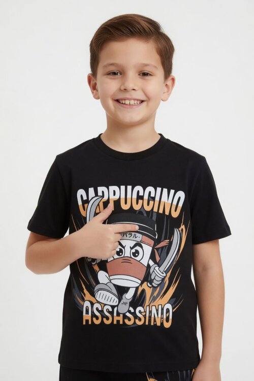 Siyah Karakter Baskılı Bisiklet Yaka Tişörtlü Erkek Çocuk Eşofmanlı Takım 23845