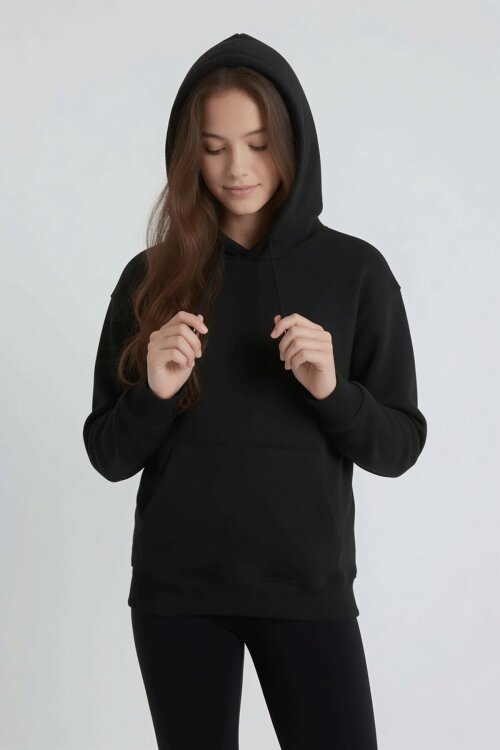 Siyah Kız Çocuk Kanguru Cepli Şardonlu Kapüşonlu Sweatshirt 24687