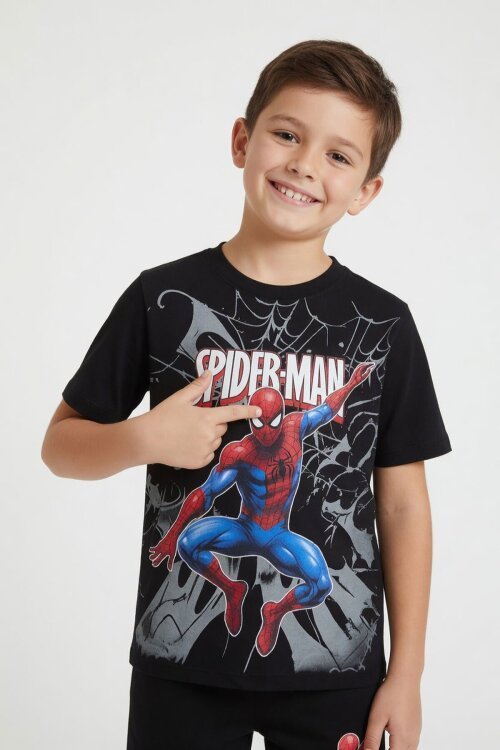 Siyah Örümcek Adam Baskılı Tişörtlü Erkek Çocuk Şortlu Takım  23941