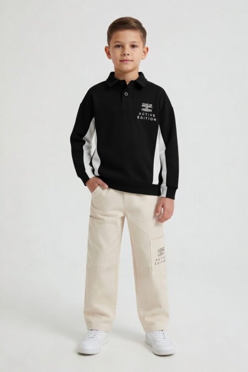 Siyah Polo Yaka Sweatshirt Keten Pantolonlu Erkek Çocuk Takım 24530