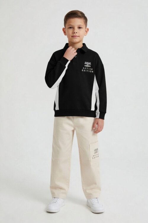 Siyah Polo Yaka Sweatshirt Keten Pantolonlu Erkek Çocuk Takım 24530