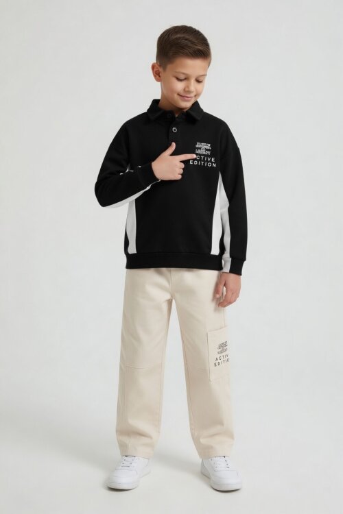 Siyah Polo Yaka Sweatshirt Keten Pantolonlu Erkek Çocuk Takım 24530