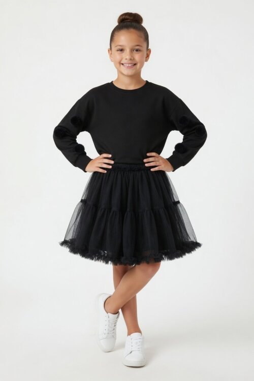 Siyah Ponponlu Badili Tütü Etekli Kız Çocuk Takım 23997