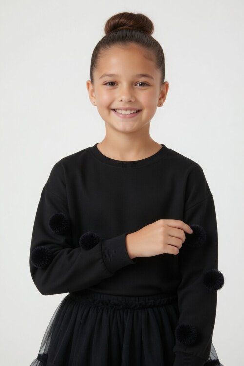Siyah Ponponlu Badili Tütü Etekli Kız Çocuk Takım 23997