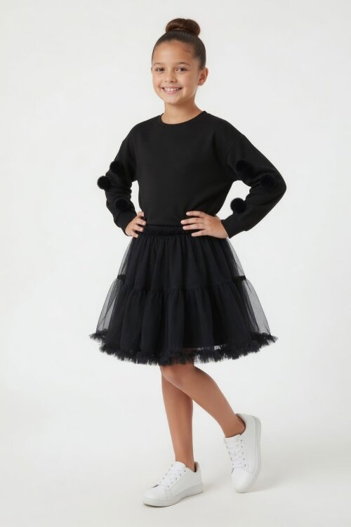 Siyah Ponponlu Badili Tütü Etekli Kız Çocuk Takım 23997