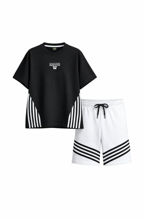 Siyah Şerit Desenli Logolu Tişörtlü Erkek Çocuk Şortlu Takım 23779