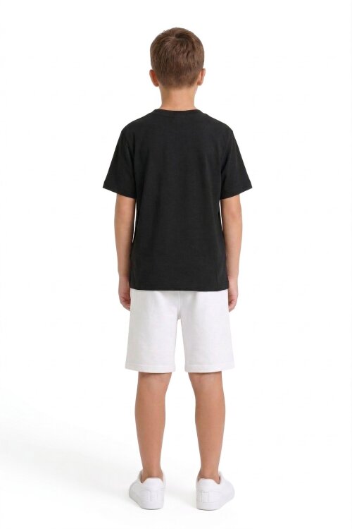 Siyah Şerit Desenli Logolu Tişörtlü Erkek Çocuk Şortlu Takım 23779