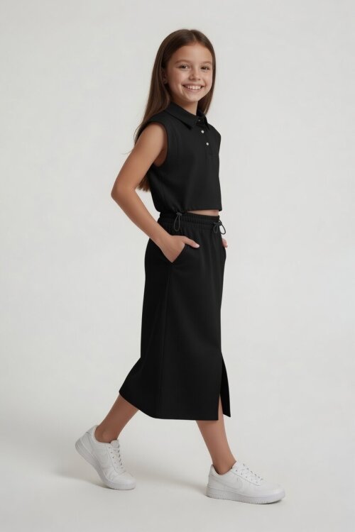 Siyah Sıfır Kol Crop ve Yırtmaç Detaylı Etekli Kız Çocuk Alt Üst Takım 24004