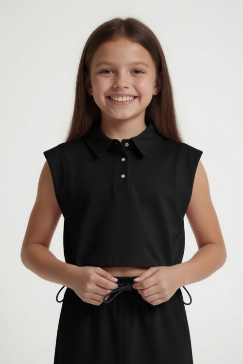 Siyah Sıfır Kol Crop ve Yırtmaç Detaylı Etekli Kız Çocuk Alt Üst Takım 24004