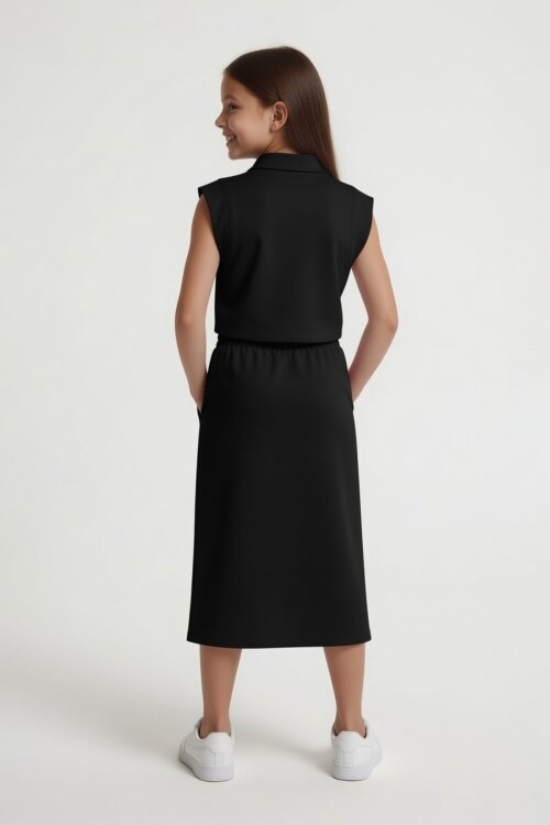 Siyah Sıfır Kol Crop ve Yırtmaç Detaylı Etekli Kız Çocuk Alt Üst Takım 24004