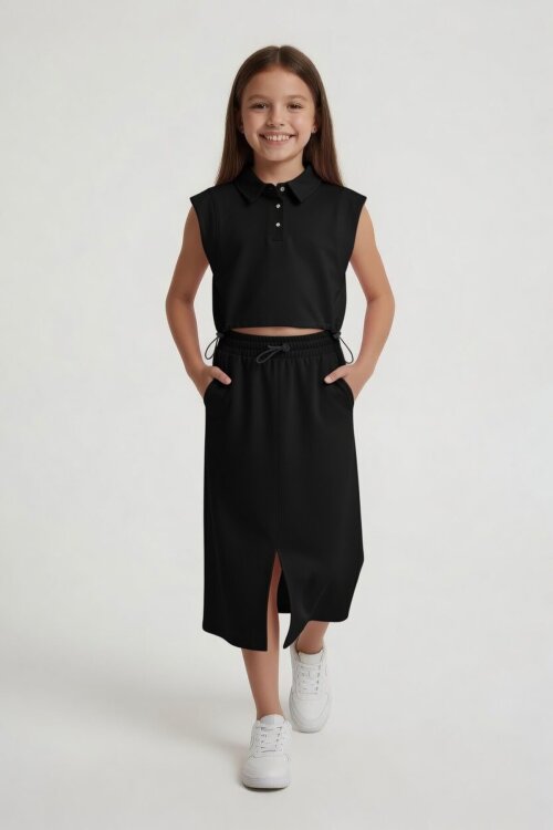 Siyah Sıfır Kol Crop ve Yırtmaç Detaylı Etekli Kız Çocuk Alt Üst Takım 24004