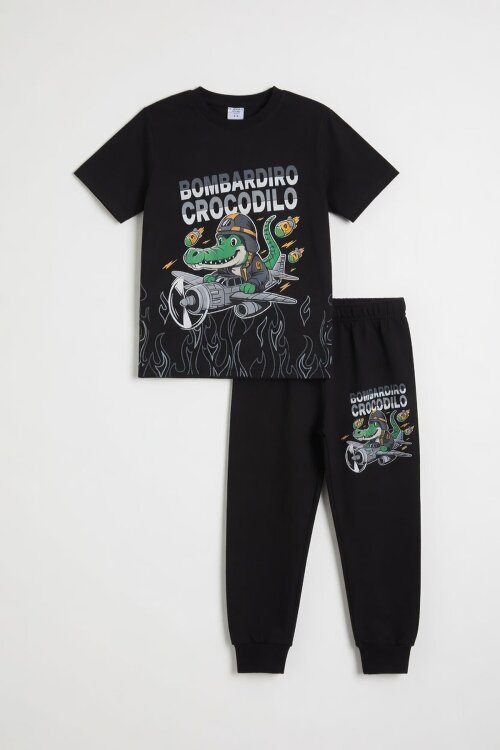 Siyah Timsah Baskılı Eşofmanlı Erkek Çocuk Tişörtlü 2li Takım  23913