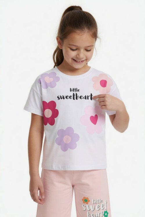 Somon Çiçek Desenli Tişörtlü Kız Çocuk Şortlu 2 Takım 23851