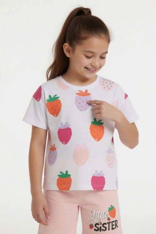 Somon Meyve Desenli Tişörtlü Kız Çocuk Şortlu Yazlık Takım 23963