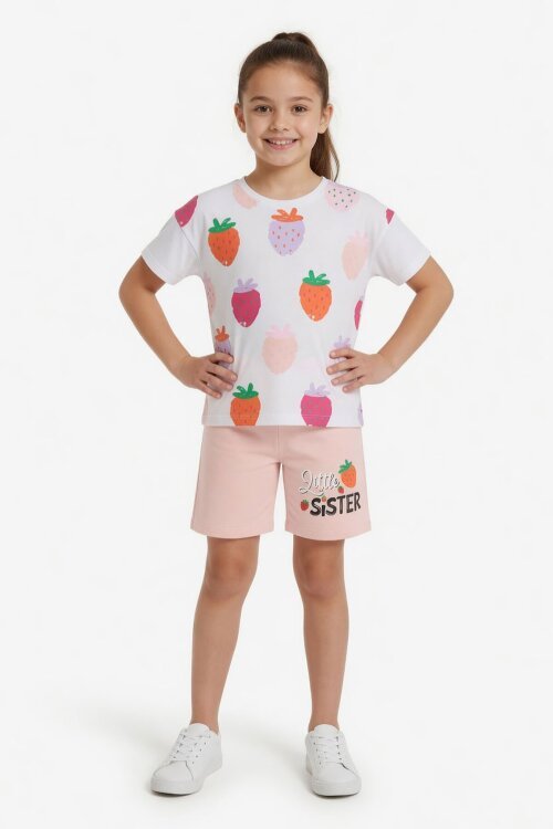Somon Meyve Desenli Tişörtlü Kız Çocuk Şortlu Yazlık Takım 23963