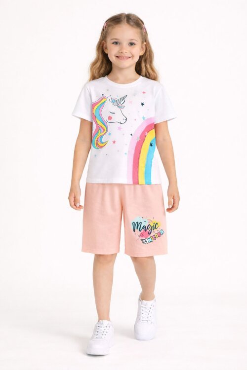 Somon Unicorn Baskılı Simli Kız Çocuk Tişörtlü Şortlu Takım 23796