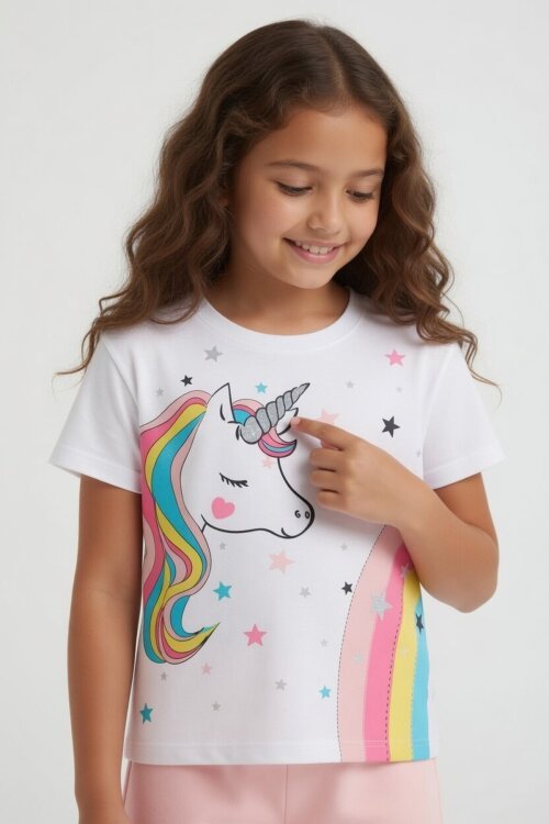 Somon Unicorn Baskılı Simli Kız Çocuk Tişörtlü Şortlu Takım 23796
