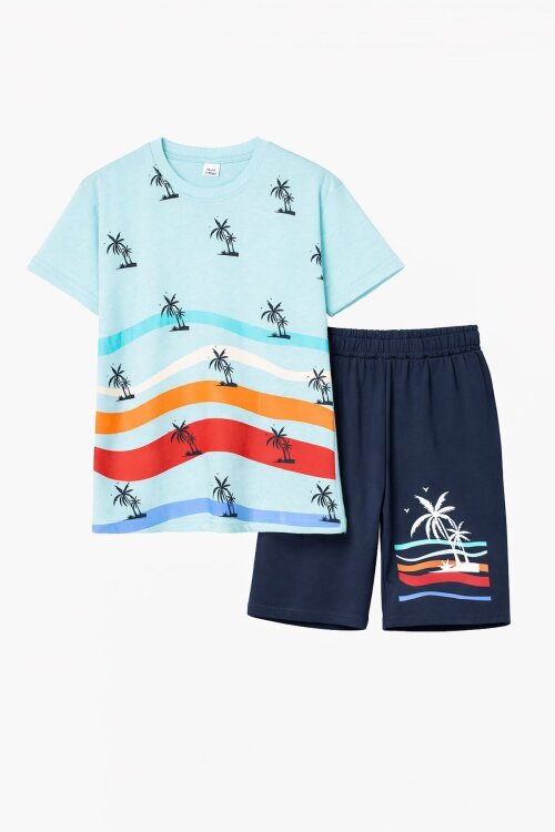 Turkuaz Palmiye Desenli Bisiklet Yaka Erkek Çocuk Şortlu Takım 20625