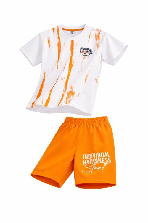 Turuncu Desenli Tişörtlü Erkek Çocuk Yazı Baskılı Şortlu Takım 23788