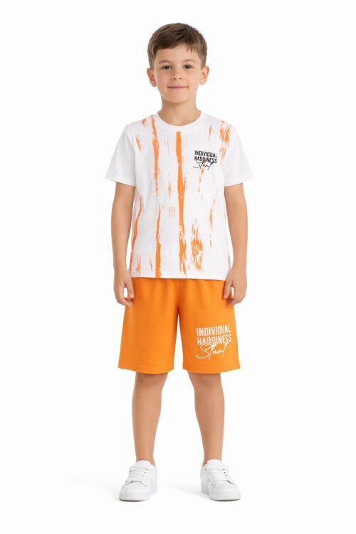 Turuncu Desenli Tişörtlü Erkek Çocuk Yazı Baskılı Şortlu Takım 23788