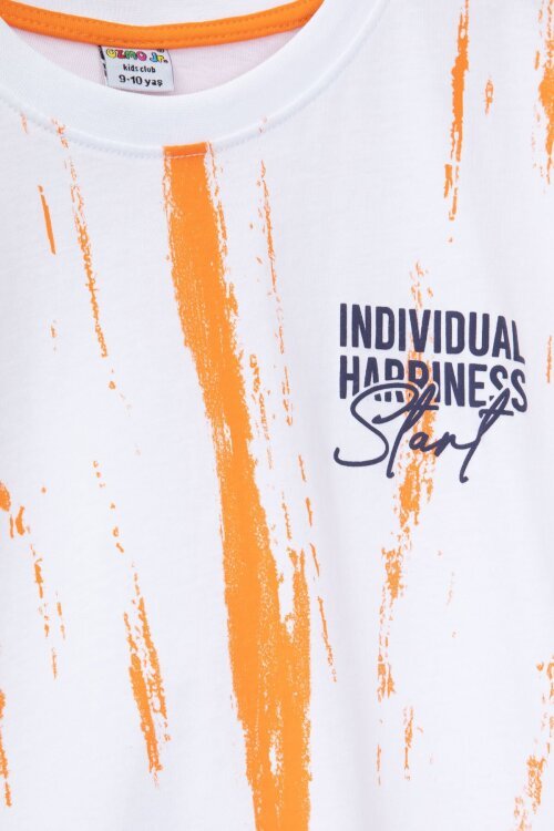 Turuncu Desenli Tişörtlü Erkek Çocuk Yazı Baskılı Şortlu Takım 23788